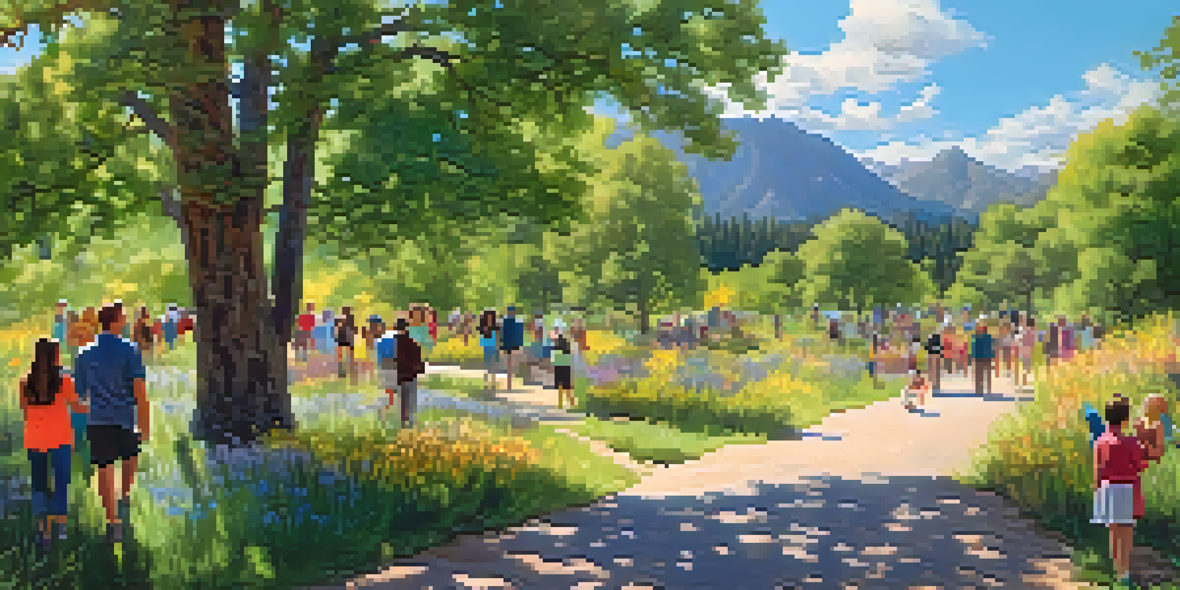 A lively scene of families and friends walking together on a sunny trail, surrounded by trees and flowers in Boulder.