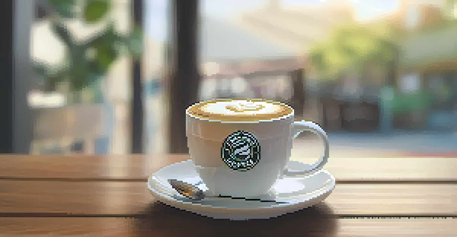 A close-up of a fair trade coffee cup on a wooden table with coffee beans and a small plant.