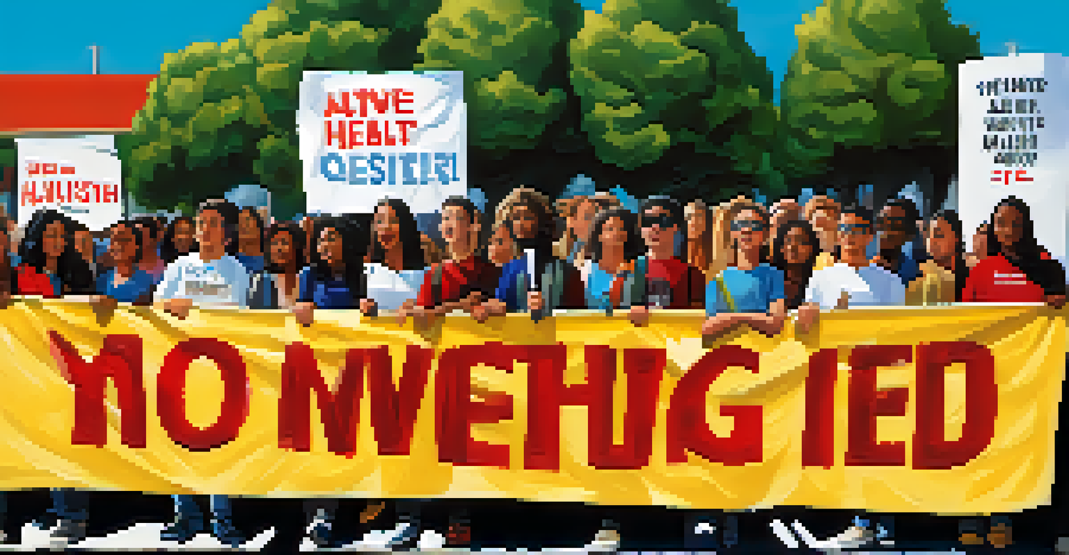 A diverse group of students at a rally outside a school, passionately advocating for mental health resources with colorful signs and banners.