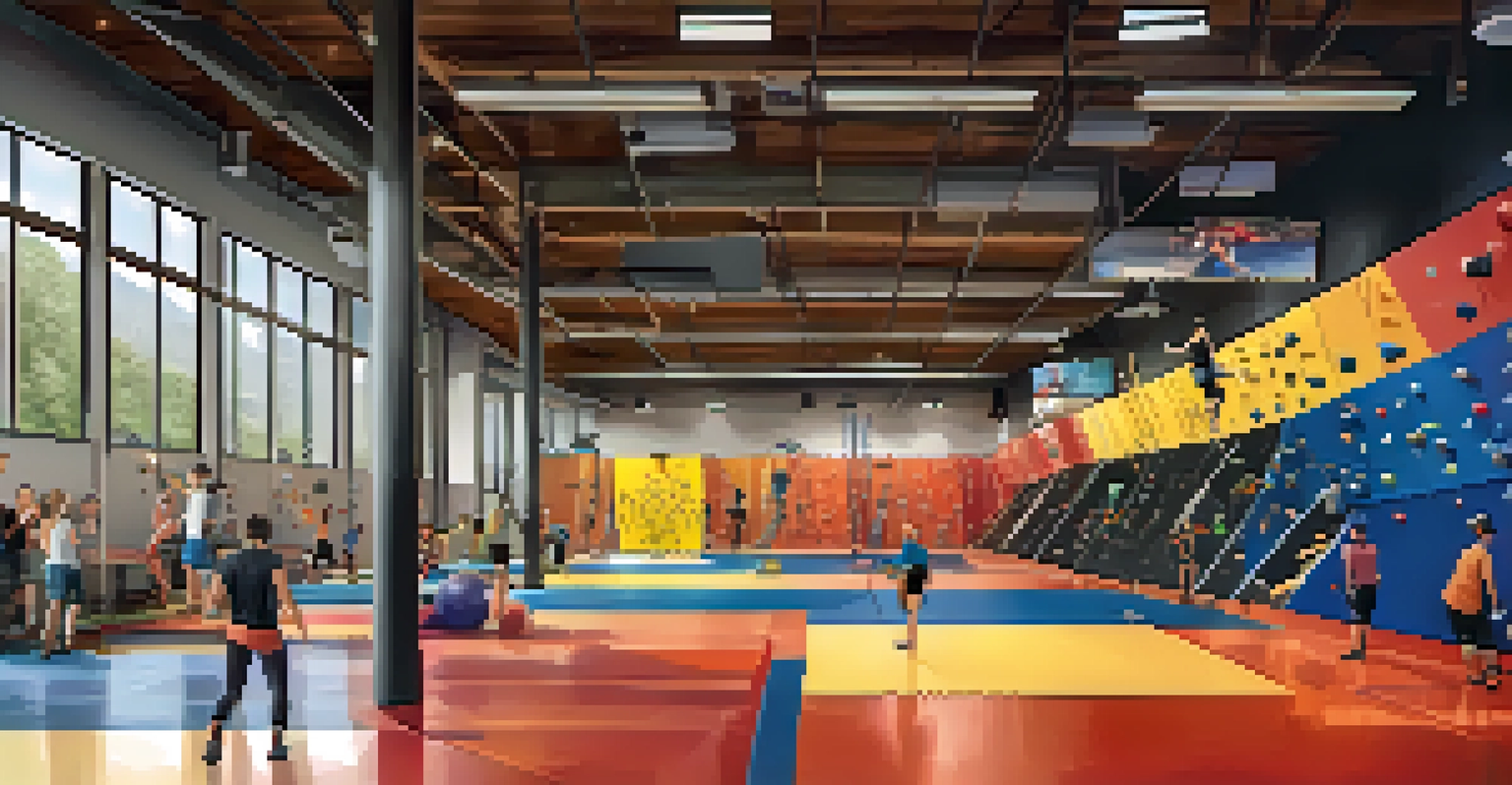 Inside a climbing gym in Boulder, Colorado, with climbers practicing on colorful walls.