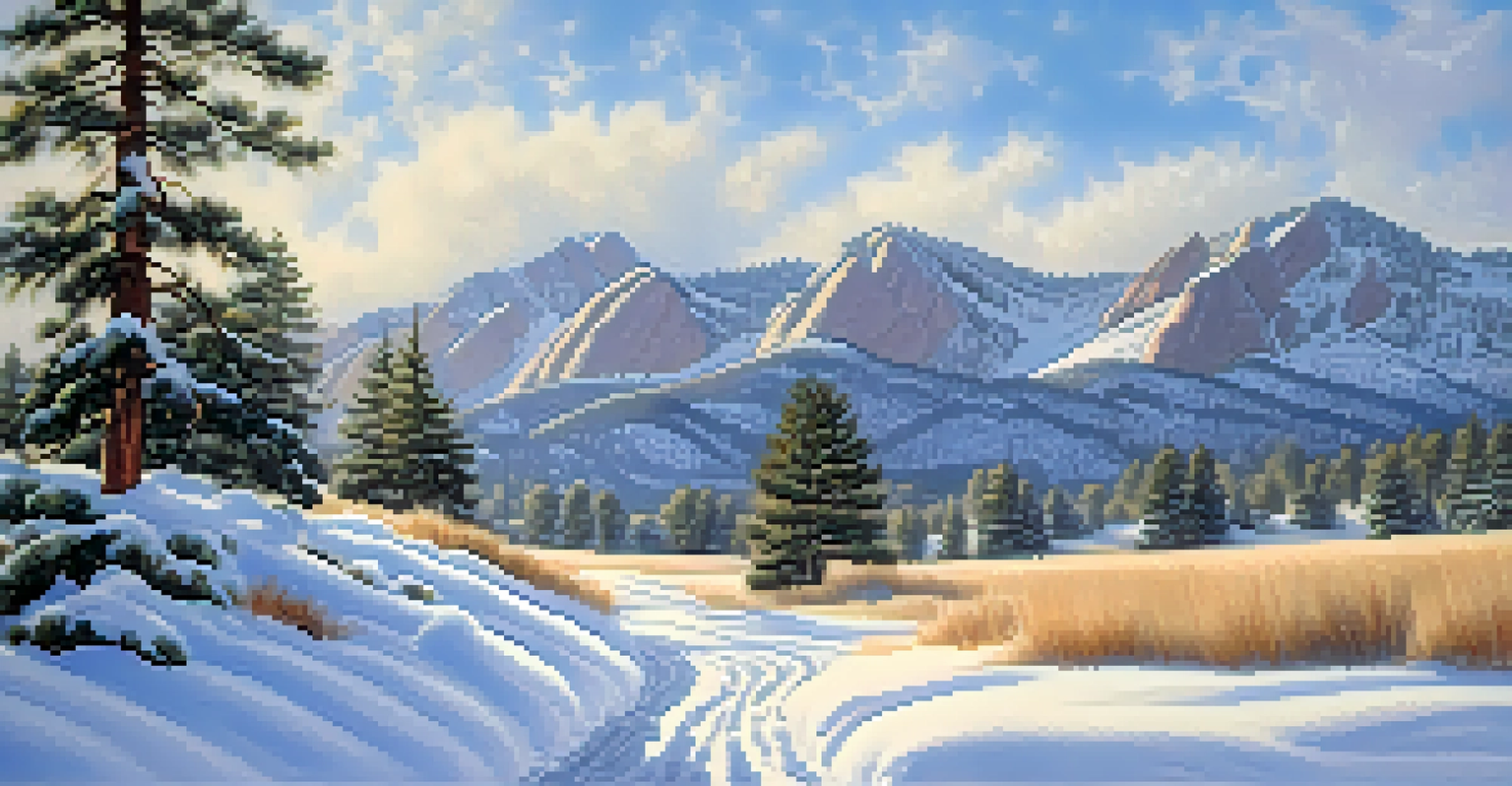 A snowy landscape in Boulder, Colorado, with the Flatirons mountains covered in snow and pine trees in the foreground.