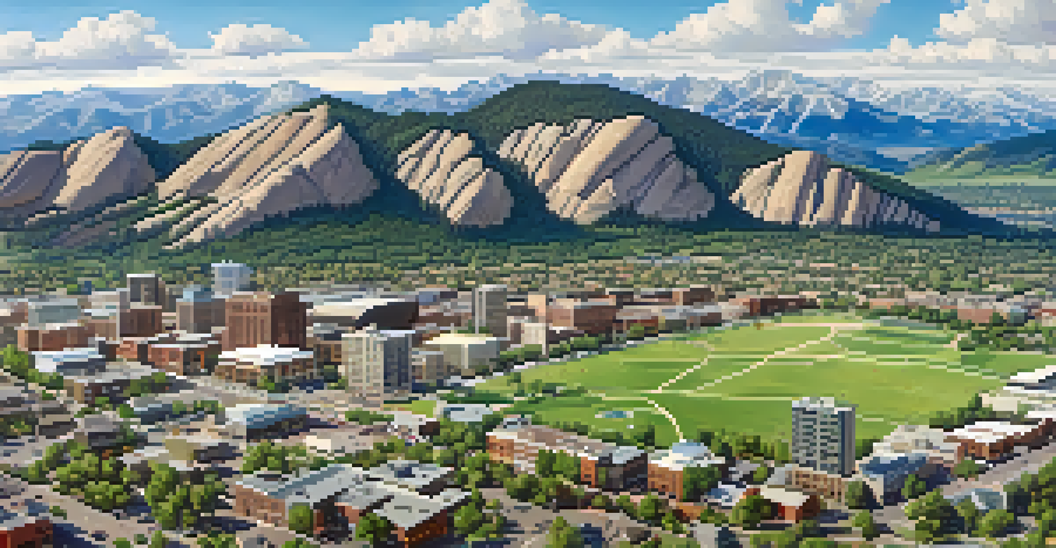 An aerial view of Boulder, Colorado, showcasing the cityscape mixed with nature, including parks and the Rocky Mountains in the background.