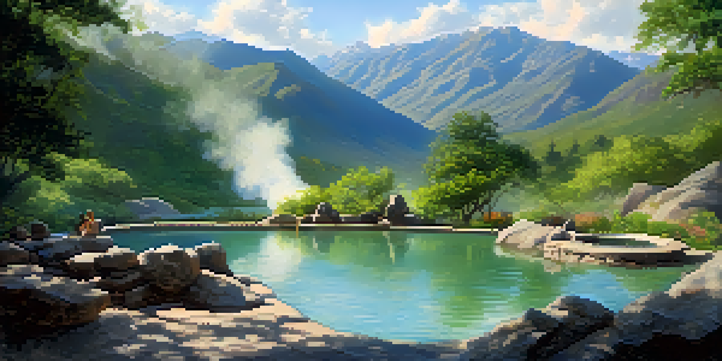 A peaceful hot spring in nature with steam rising and a couple enjoying the warm water amidst trees and mountains.