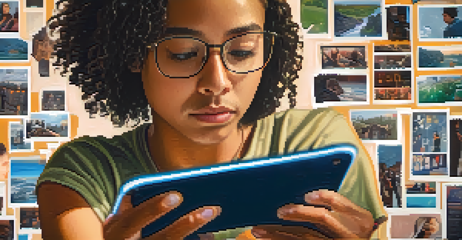 Close-up of a student focused on their smartphone, with activism-related social media posts visible on the screen in a cozy setting.