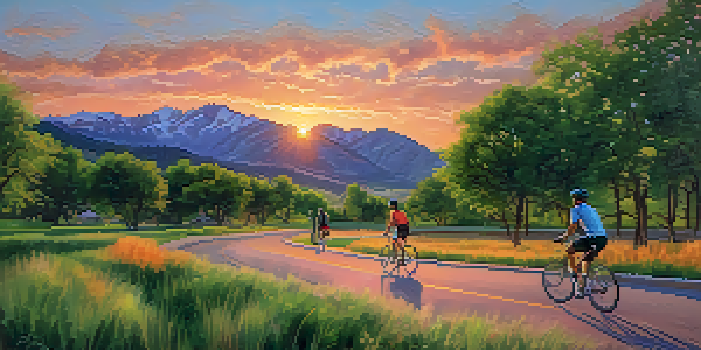 A scenic sunset view over the mountains in Boulder, with lush greenery and people biking on a trail.
