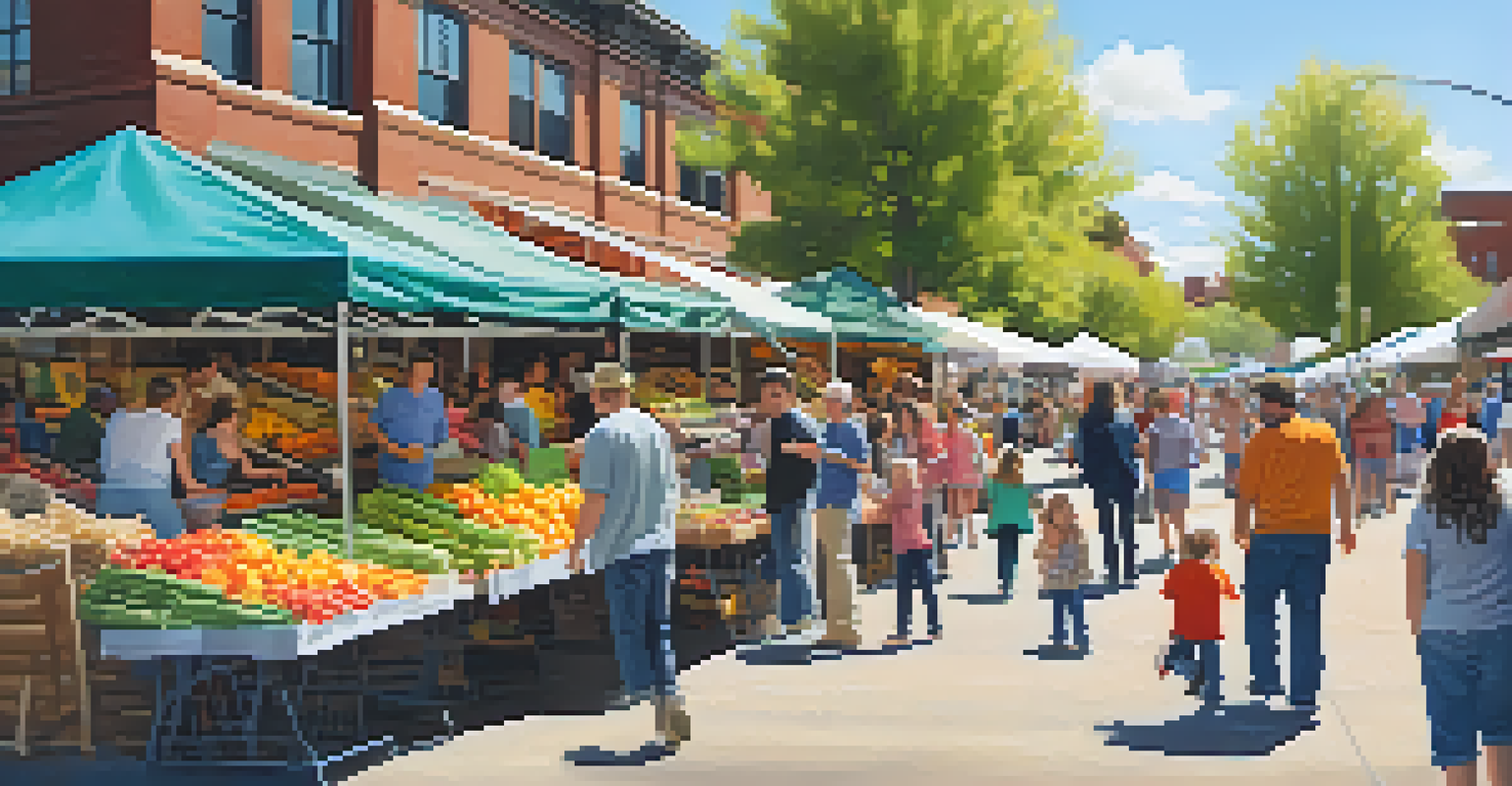 A happy family at a farmers market, with children petting animals and sampling fresh produce, surrounded by lively stalls and decorations.