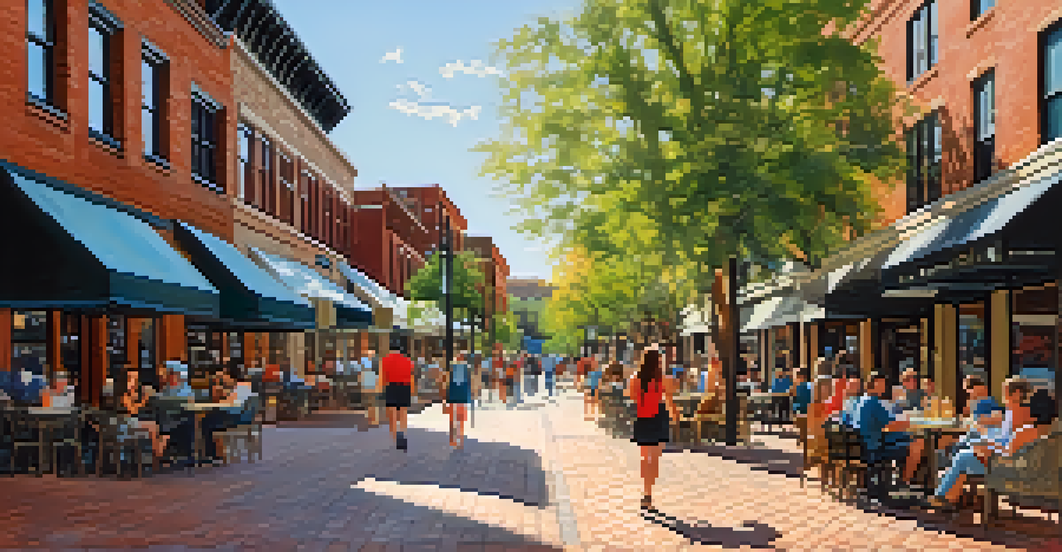 A vibrant street scene at Pearl Street Mall in Boulder with historic buildings, shops, and people enjoying the outdoor seating.