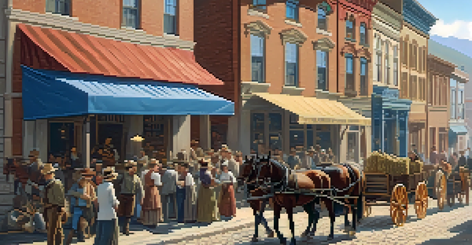 A busy marketplace in Boulder during the 1850s with miners, farmers, and merchants in traditional clothing.