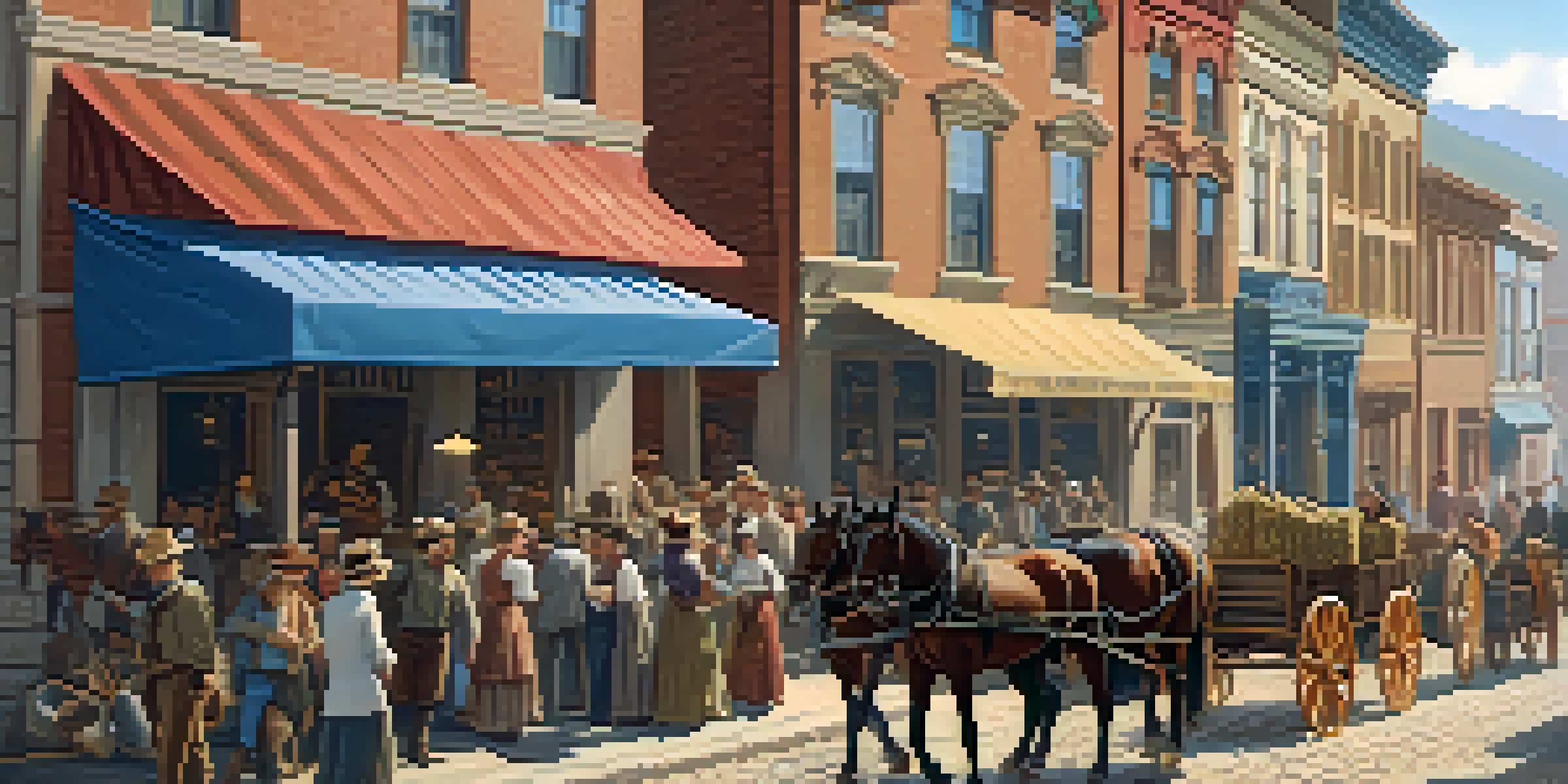 A busy marketplace in Boulder during the 1850s with miners, farmers, and merchants in traditional clothing.