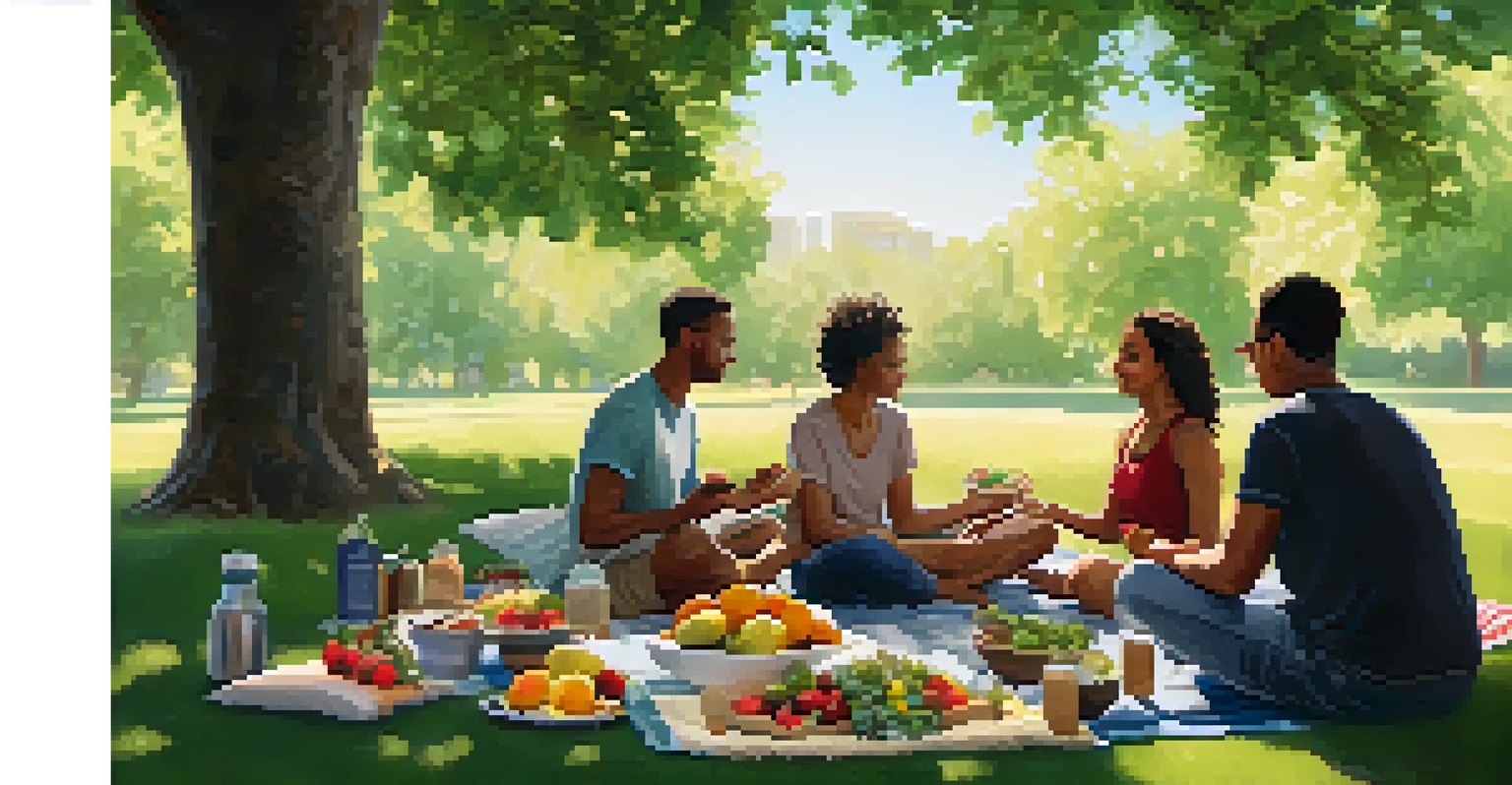 A person practicing mindful eating at a picnic in a park, surrounded by healthy foods and enjoying a relaxed atmosphere with friends.