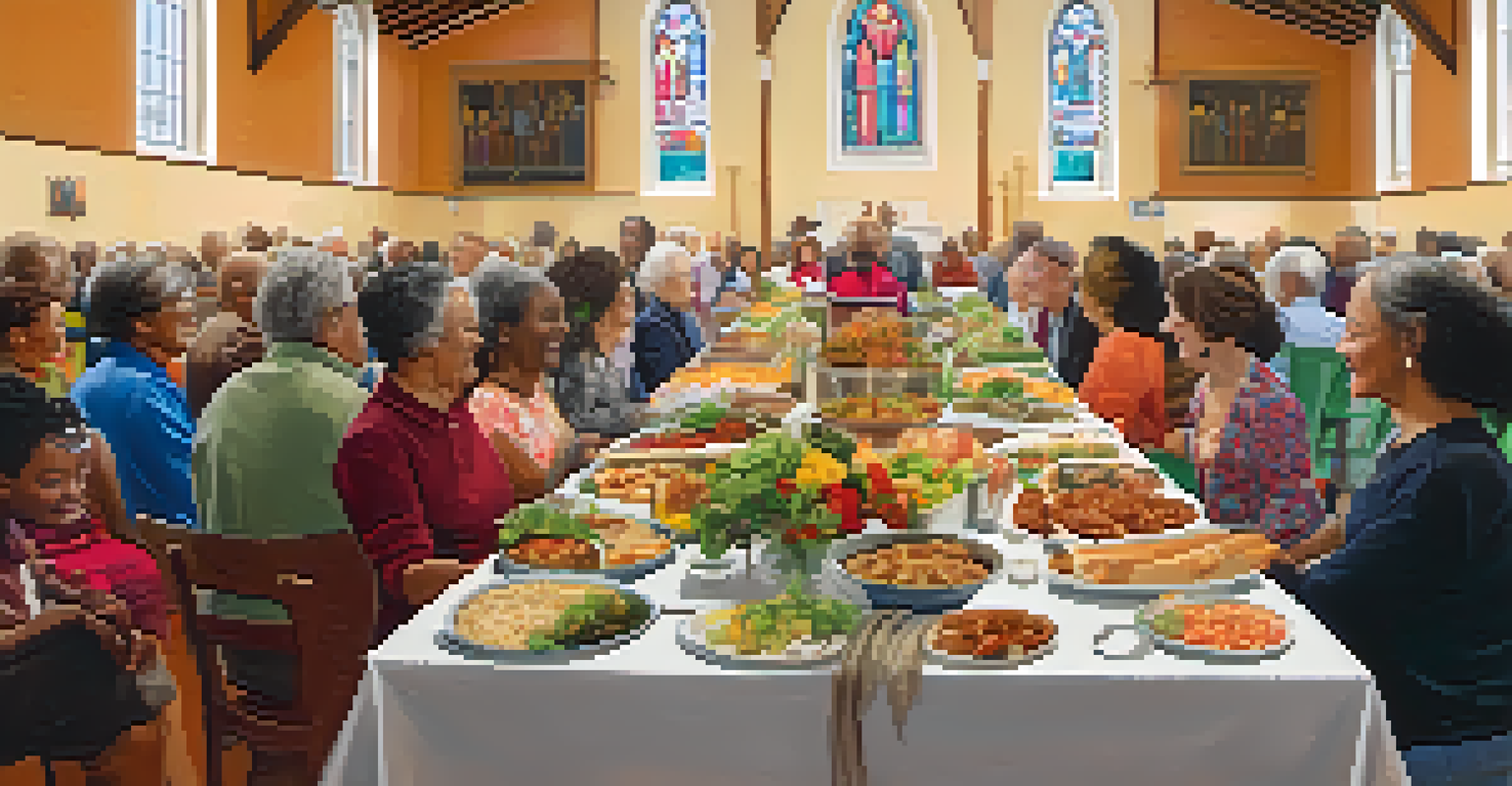 A community event in a church hall with a long table of cultural dishes, people of various backgrounds enjoying food and conversation in a warm atmosphere.