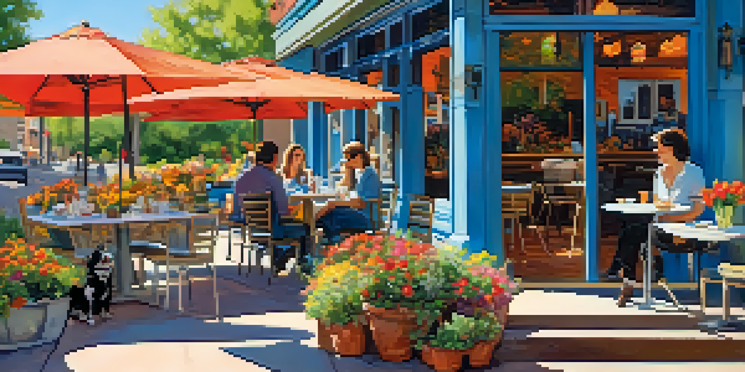 An outdoor patio of a restaurant with a table for two, a happy dog sitting beside its owner, vibrant flowers, and clear blue skies.