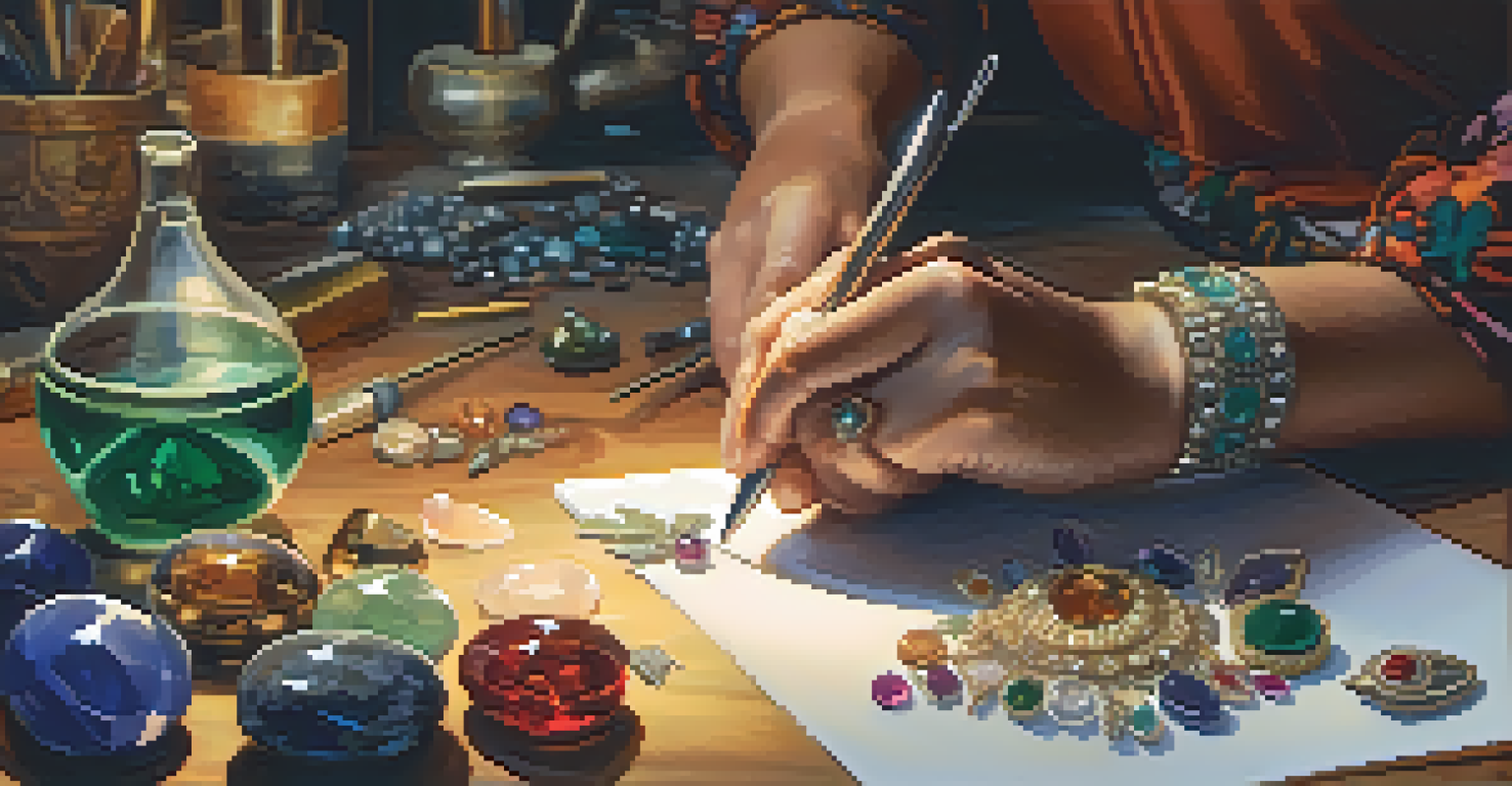 An artisan's hands crafting jewelry with ethically sourced gemstones, surrounded by tools and colorful gems.