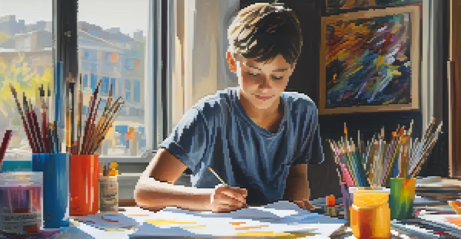 A young artist immersed in a theater workshop, surrounded by colorful props and stage materials, under bright natural light.