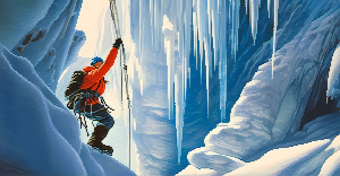 A climber in colorful gear ascending a frozen waterfall, surrounded by snow-covered cliffs and a clear blue sky.