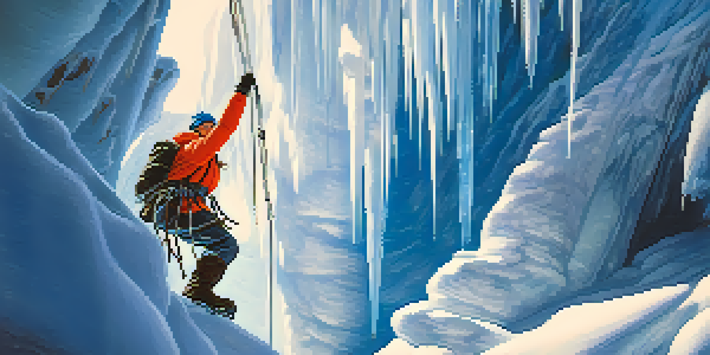 A climber in colorful gear ascending a frozen waterfall, surrounded by snow-covered cliffs and a clear blue sky.