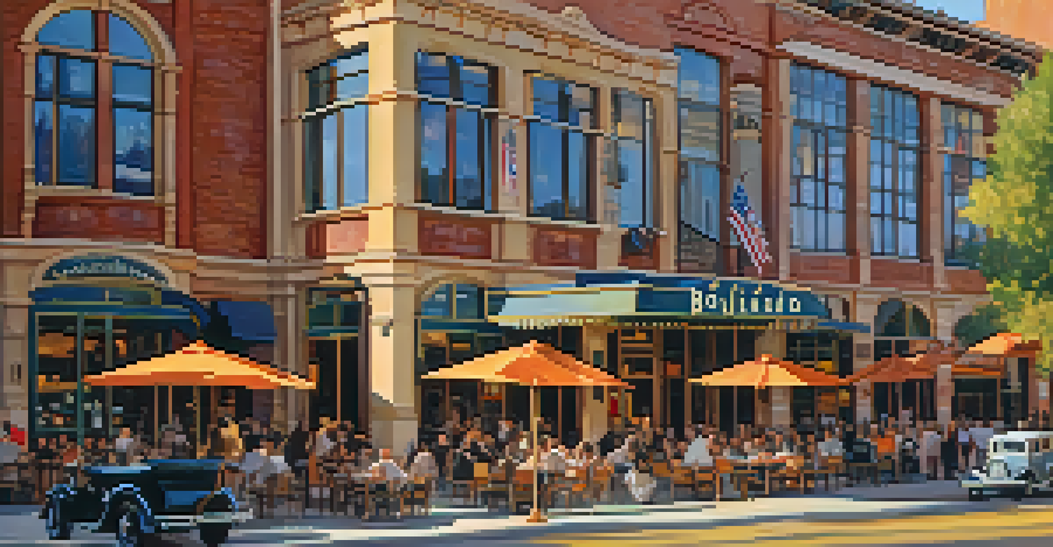 A vibrant 1920s scene of Boulder featuring the Boulderado Hotel, outdoor cafes, and art installations under warm golden sunlight.