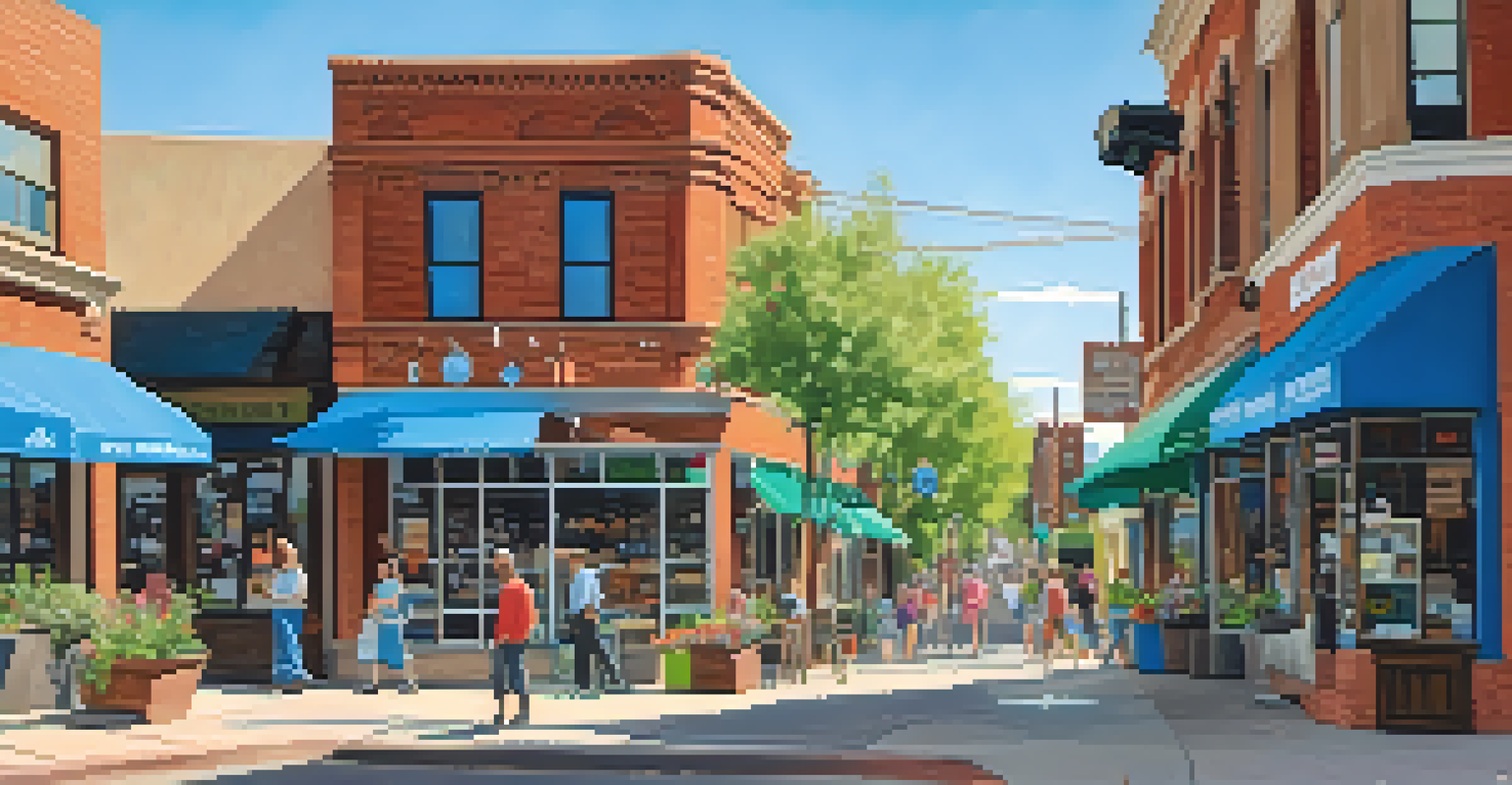 A street in Boulder lined with eco-friendly businesses, featuring recycling signs and compost bins, under a clear blue sky.