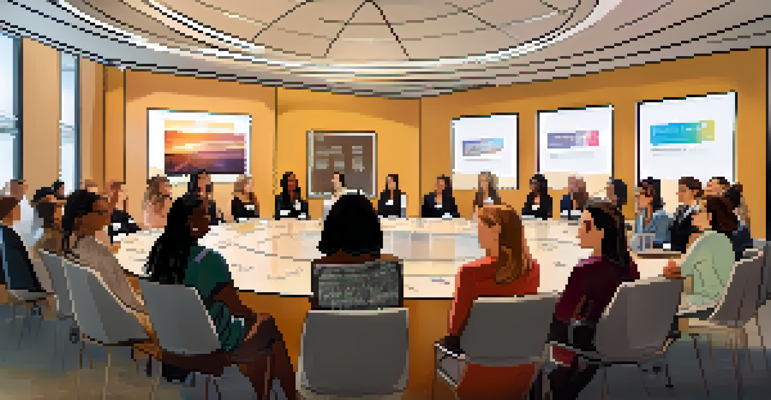 An inspiring Women in Tech event with women seated in a semi-circle, engaged in listening and note-taking.
