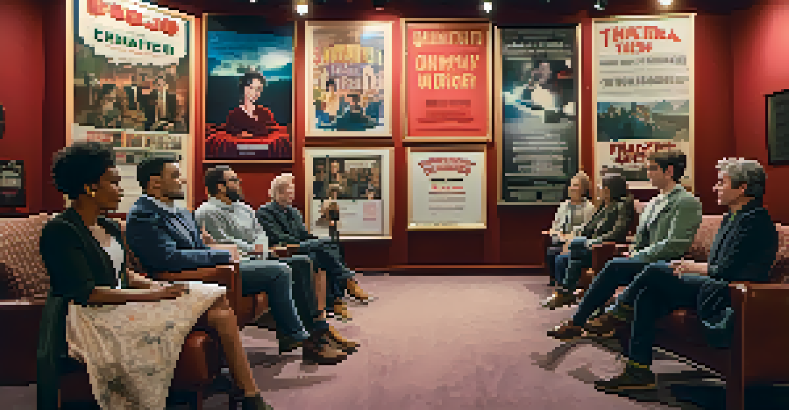 A film panel discussion in a cozy theater with diverse filmmakers on stage and an engaged audience, surrounded by vintage movie posters.
