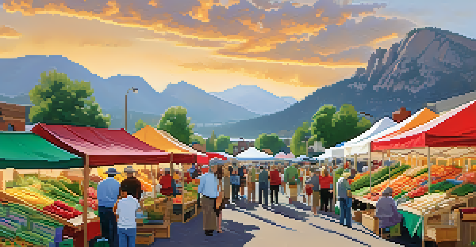 A bustling farmer's market in Boulder, featuring stalls of fresh produce and flowers, with families and farmers engaging in a vibrant community atmosphere.