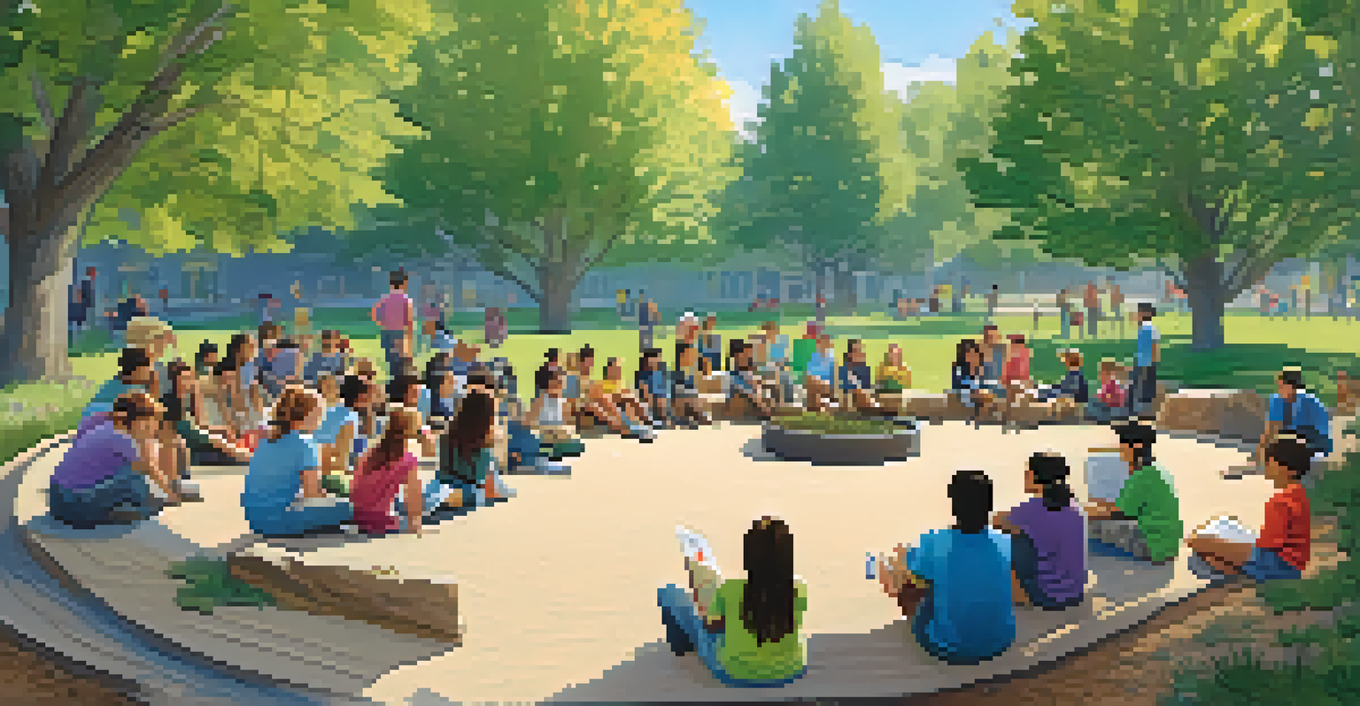 Students learning about sustainable practices from a local expert in an outdoor classroom setting.
