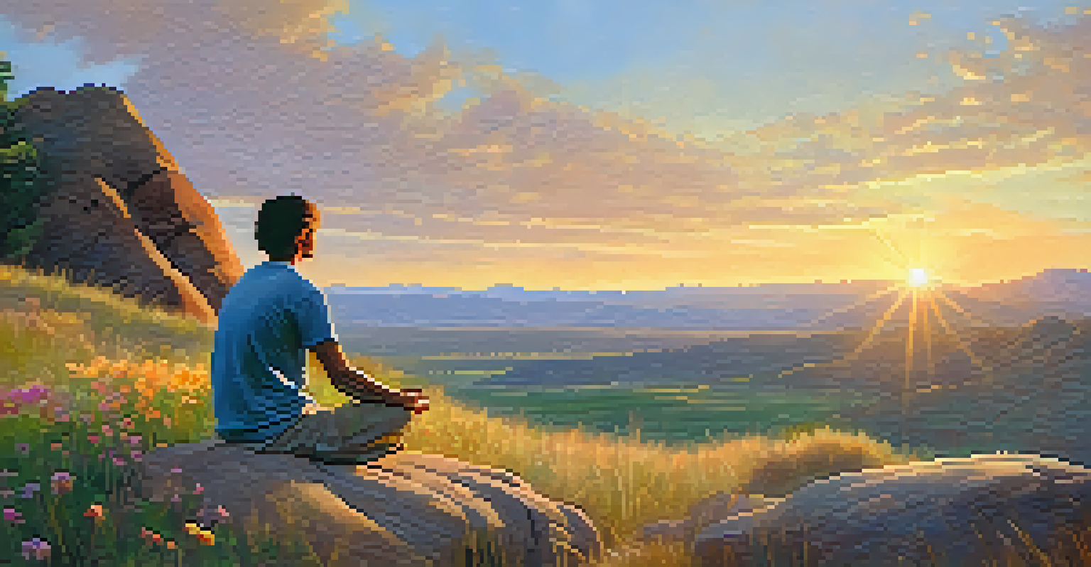 A person meditating on a rock with a scenic view of mountains and wildflowers at sunset.