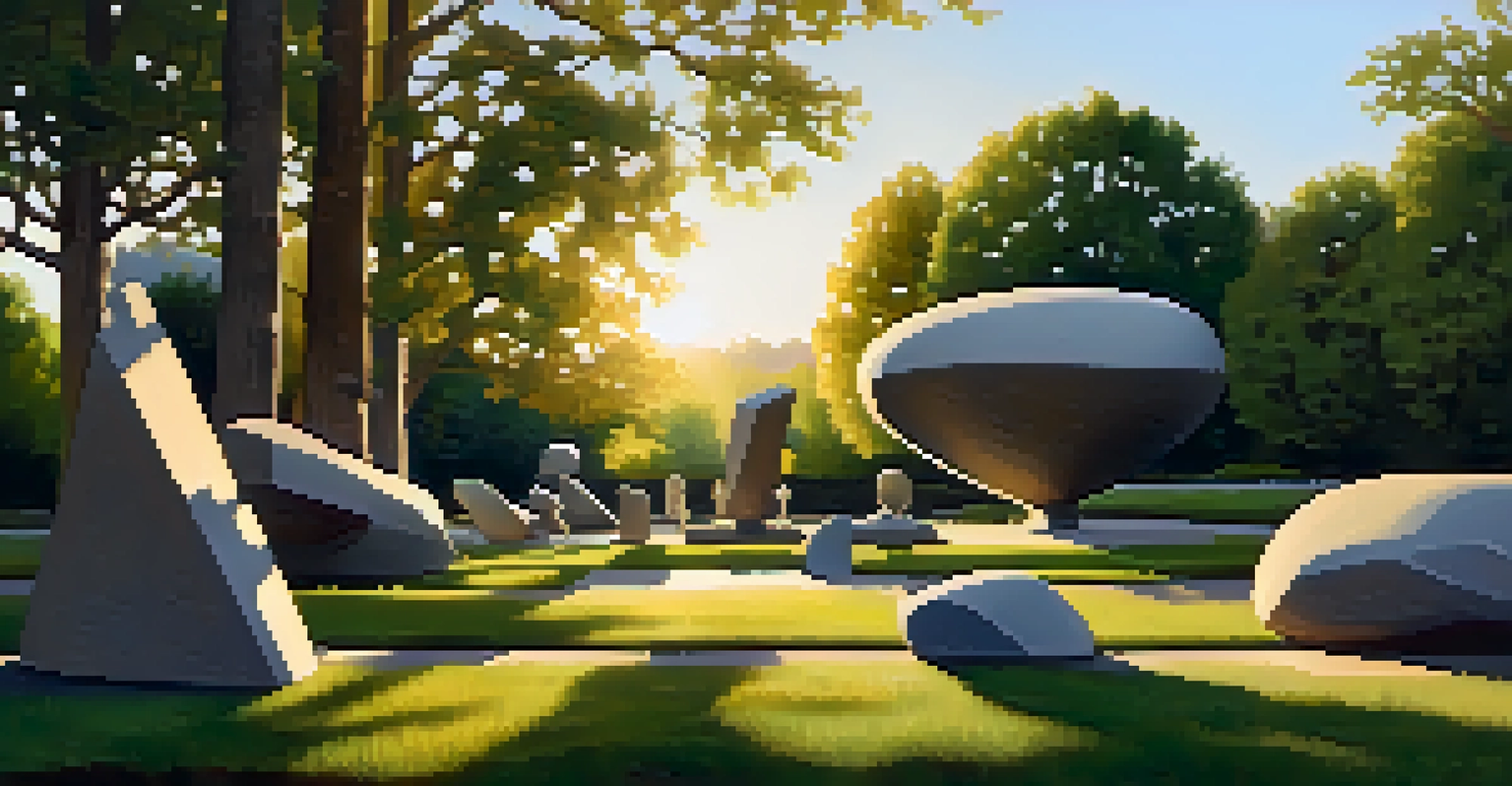The Boulder Sculpture Garden at sunset, showcasing various sculptures amidst greenery, with warm light illuminating the scene.