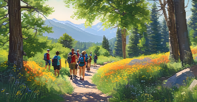 A diverse group of people hiking on a sunny trail, surrounded by greenery and mountains, enjoying each other's company.