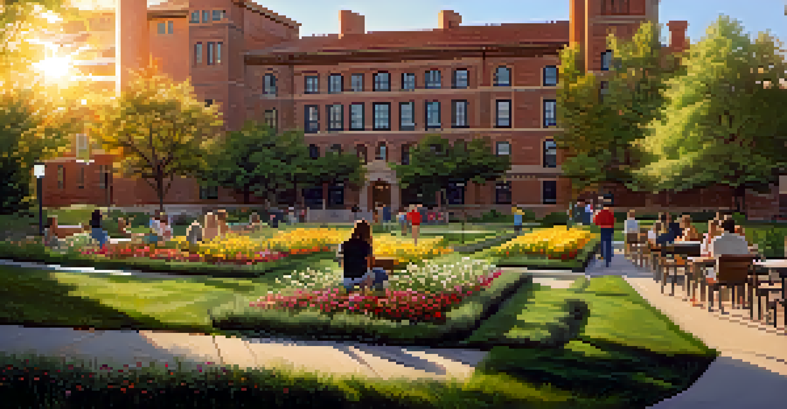 A tranquil garden at CU Boulder with students studying on benches amidst blooming flowers and greenery, illuminated by the golden glow of a setting sun.