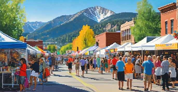 A lively outdoor art festival in Boulder with artists painting, colorful artworks, and happy visitors enjoying the event with mountains in the background.