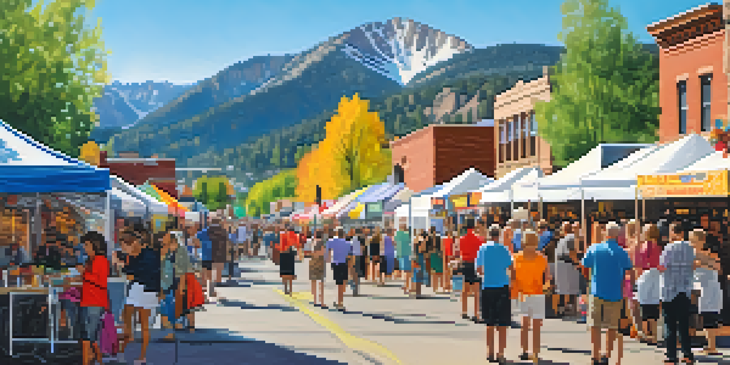 A lively outdoor art festival in Boulder with artists painting, colorful artworks, and happy visitors enjoying the event with mountains in the background.