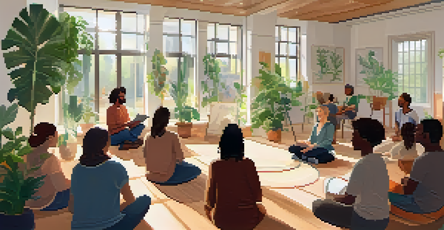 A mental health workshop with diverse participants engaged in discussion in a bright room.