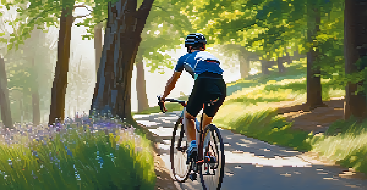 A cyclist riding a bike on a scenic trail in Boulder, surrounded by trees and wildflowers, enjoying the outdoors.