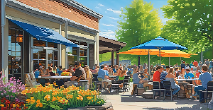 A sunny brewery patio filled with blooming flowers and people enjoying spring beers.