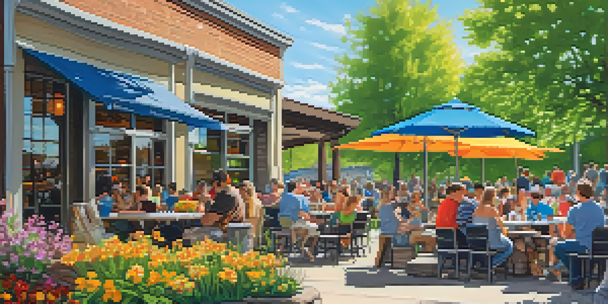 A sunny brewery patio filled with blooming flowers and people enjoying spring beers.