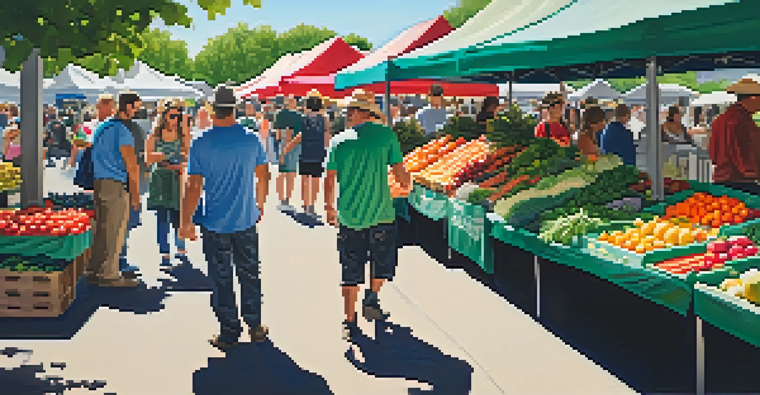 A bustling farmers market with fresh produce stalls and shoppers interacting with farmers under a sunny sky.