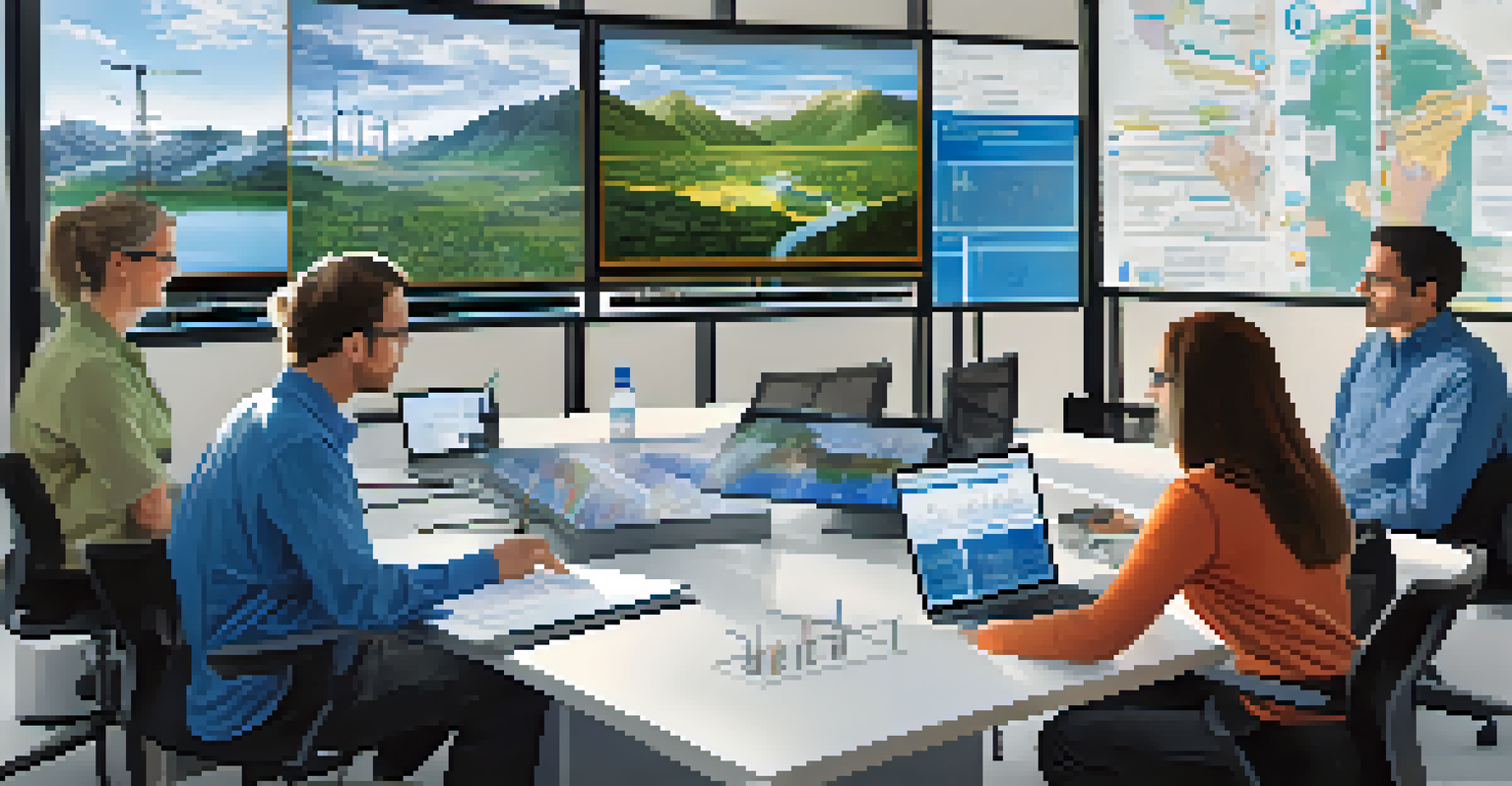 Researchers in a modern lab in Boulder, Colorado, collaborating on climate resilience strategies with charts and models around them.