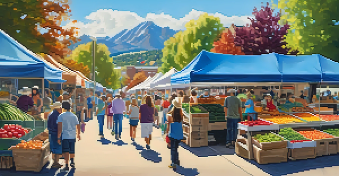 A lively farmers' market with colorful stalls and people enjoying fresh produce against a backdrop of mountains.