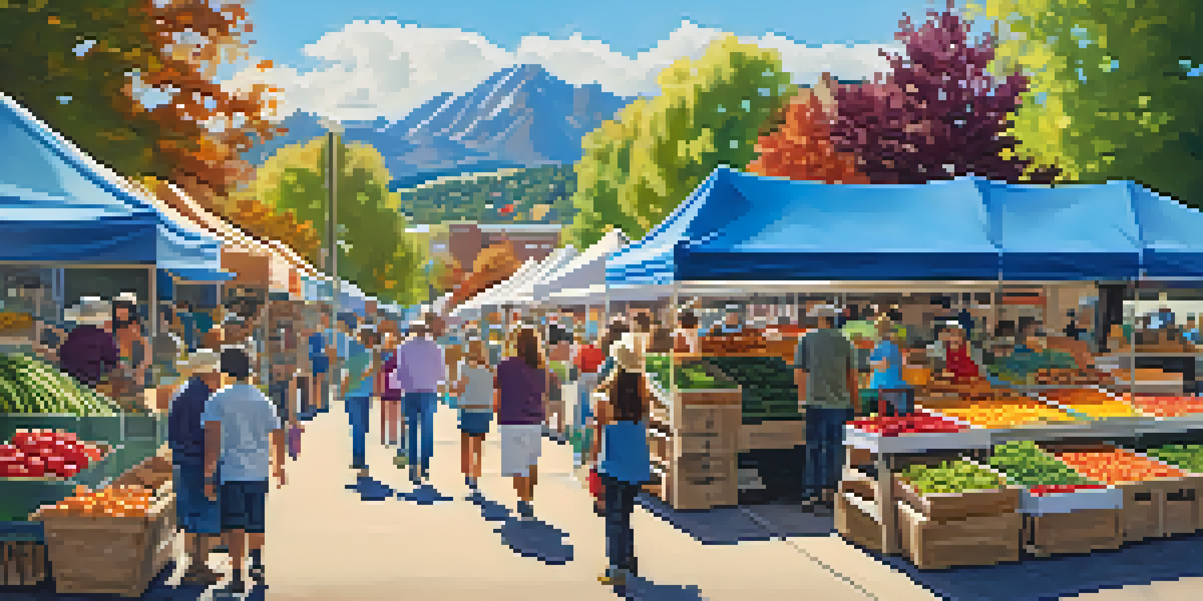 A lively farmers' market with colorful stalls and people enjoying fresh produce against a backdrop of mountains.