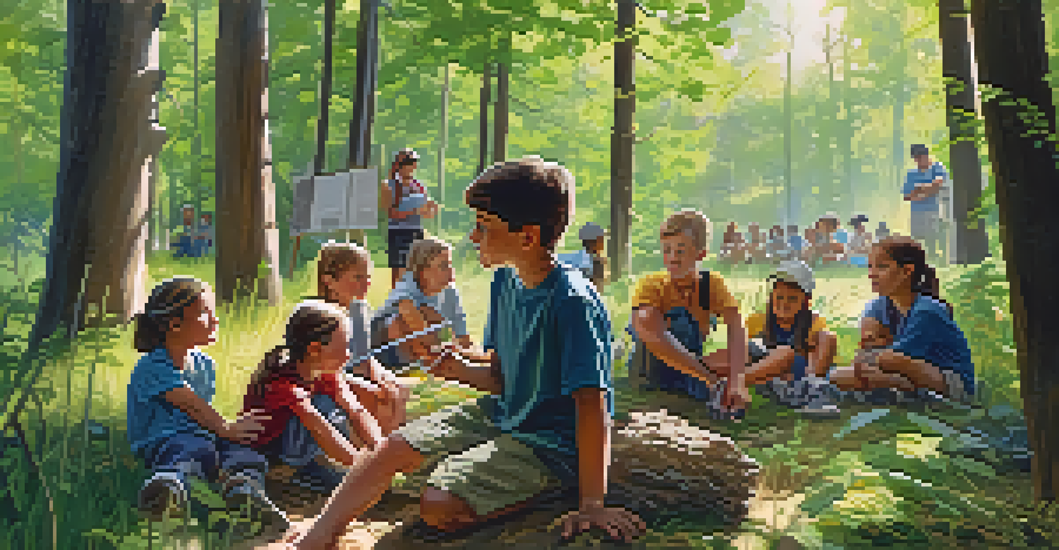A group of children and adults learning survival skills in a forest during an outdoor workshop in Boulder.