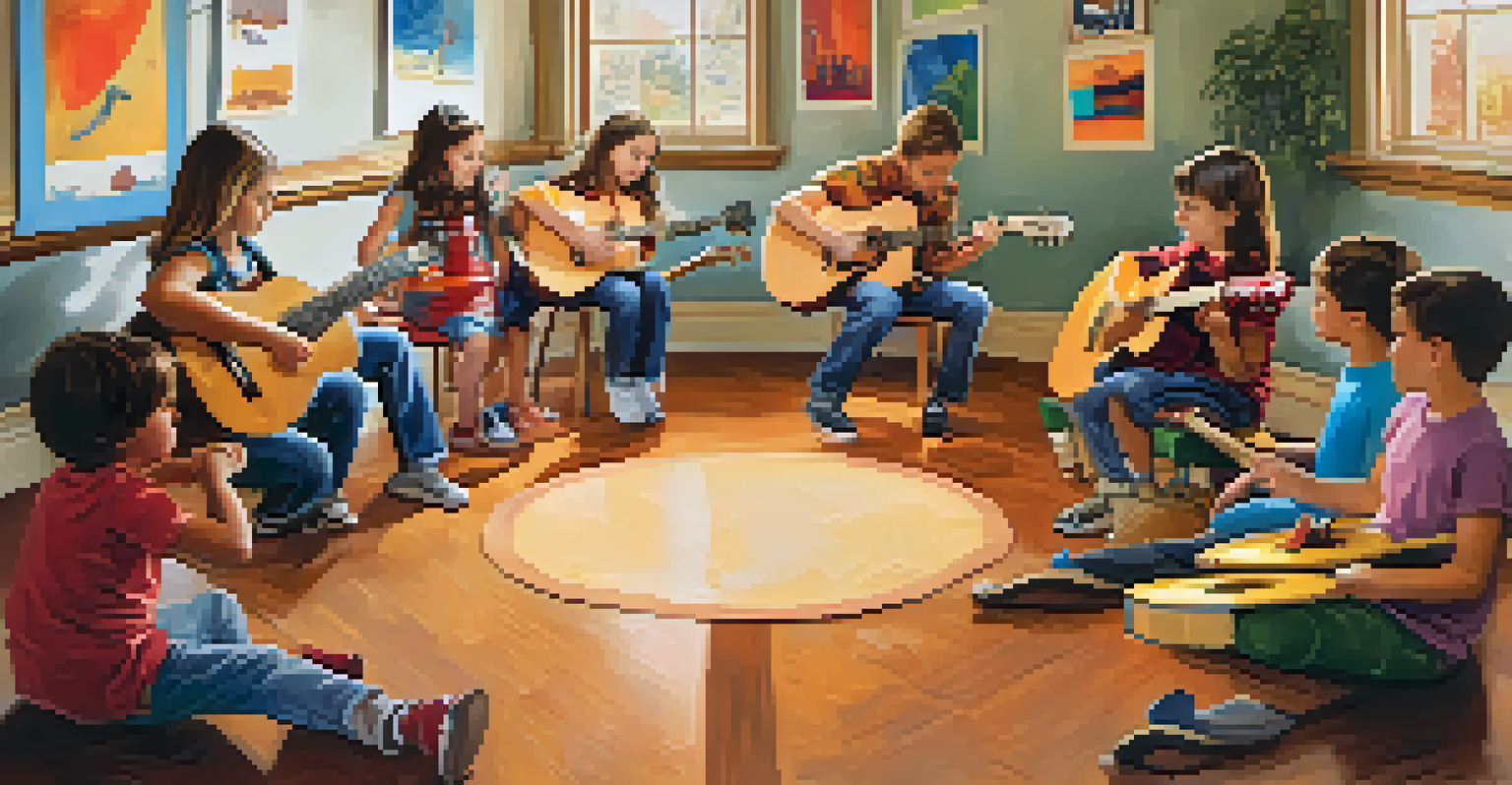 Children in a music class sitting in a circle with instruments, learning from an instructor in a colorful and inviting classroom.