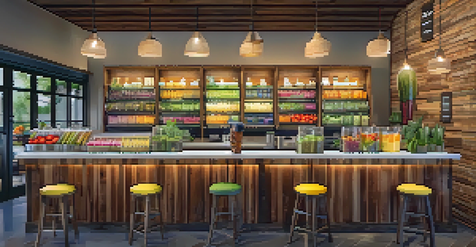 A colorful smoothie bar with various fruit smoothies in clear cups, fresh fruits displayed, and warm lighting.