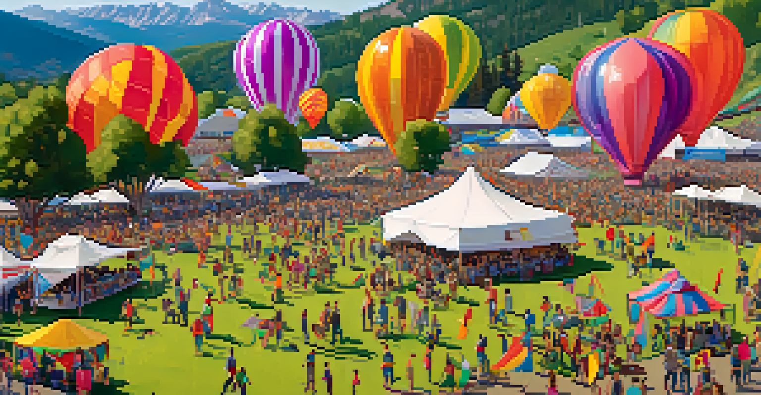 Aerial view of a lively outdoor festival in Boulder, with colorful tents and people participating in biking and hiking activities, surrounded by green mountains.
