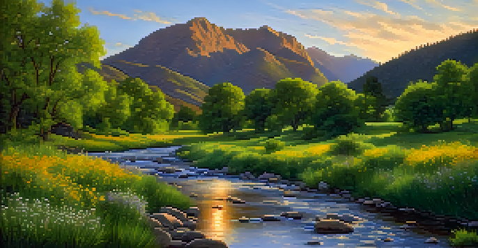 A tranquil view of Boulder Creek with wildflowers and the Rocky Mountains in the background during sunset.