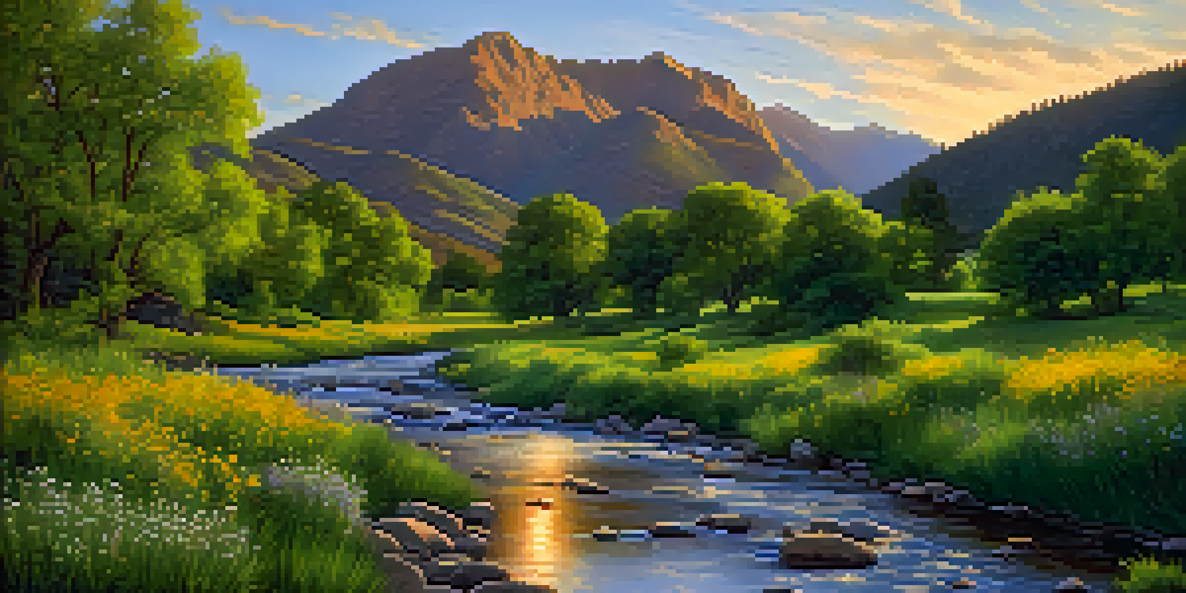 A tranquil view of Boulder Creek with wildflowers and the Rocky Mountains in the background during sunset.