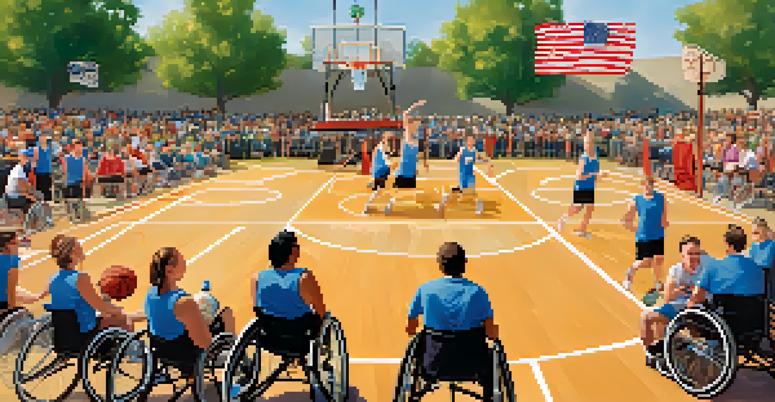 An adaptive sports event in Boulder showcasing wheelchair basketball, with athletes in action and a supportive crowd cheering.