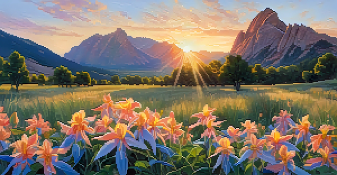 A scenic view of the Flatirons mountains at sunrise with wildflowers in the foreground.
