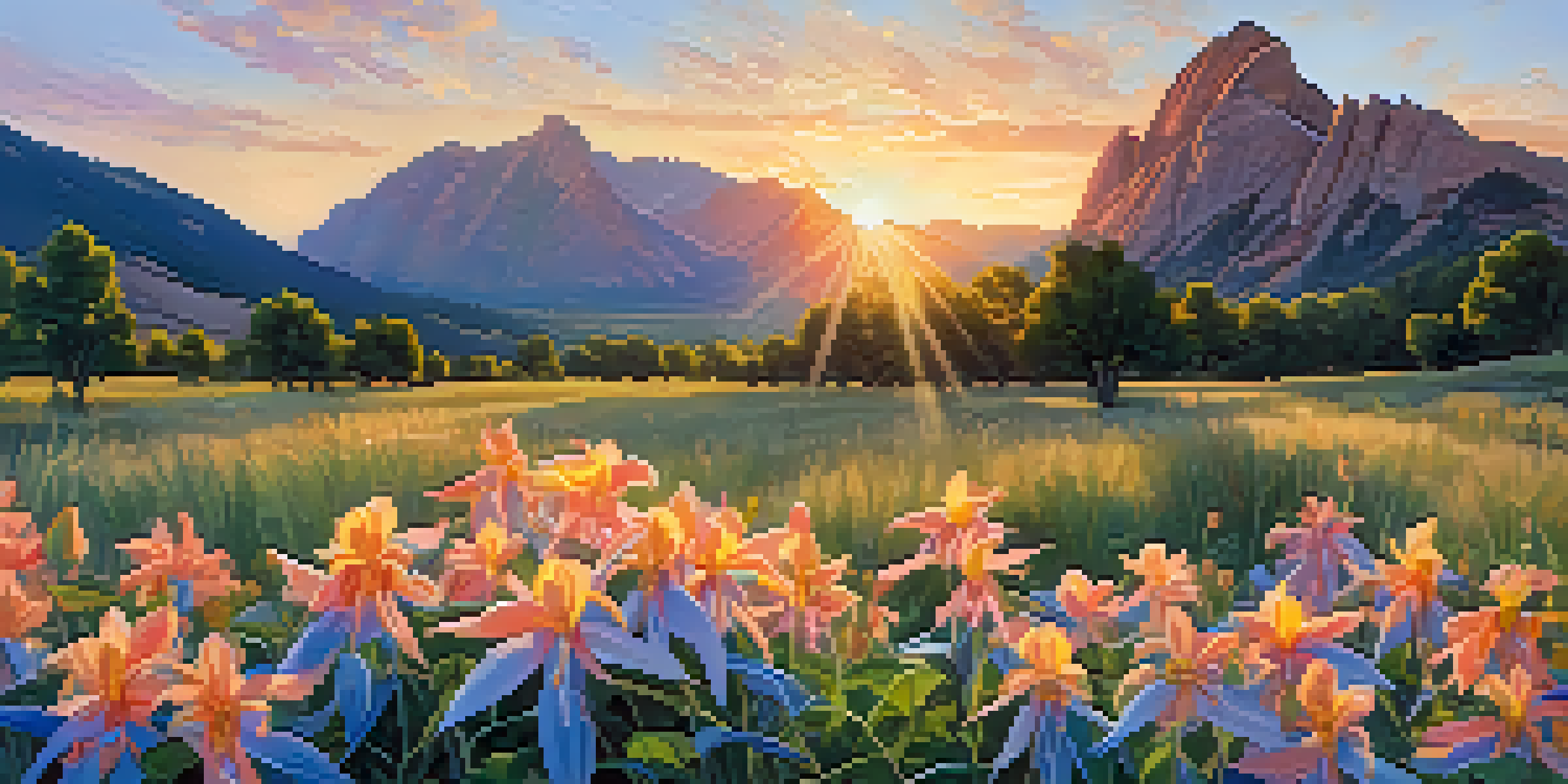 A scenic view of the Flatirons mountains at sunrise with wildflowers in the foreground.