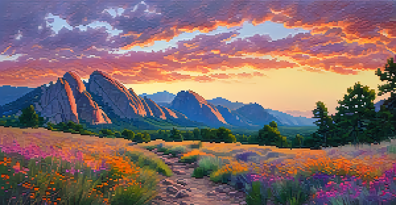 A beautiful sunset over the Flatirons with hikers on a trail, surrounded by colorful sky and wildflowers.